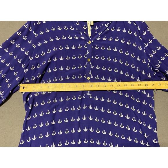 Grand & Greene Anchor Print XL Navy Top 1/4 Button Closure 3/4 Sleeve Nautical - Picture 4 of 8